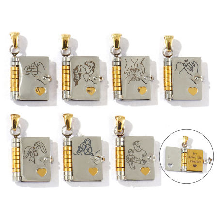 Picture of Eco-friendly PVD Vacuum Plating 304 Stainless Steel Family Jewelry Pendants Silver Tone & 18K Gold Plated Two Tone Unique Openable Flip Page Book Mirror Polishing 3cm x 1.8cm