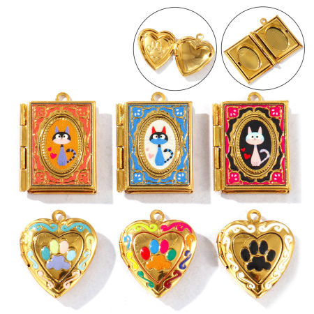 Picture of Eco-friendly PVD Vacuum Plating Waterproof Anti-Tarnish Hypoallergenic 304 Stainless Steel Pet Memorial Picture Photo Locket Frame Pendants 18K Real Gold Plated Multicolor Enamel Can Open