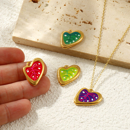 Picture of Eco-friendly PVD Vacuum Plating Waterproof Anti-Tarnish Hypoallergenic 304 Stainless Steel Charms 18K Real Gold Plated Leaf Printed 22mm x 17mm