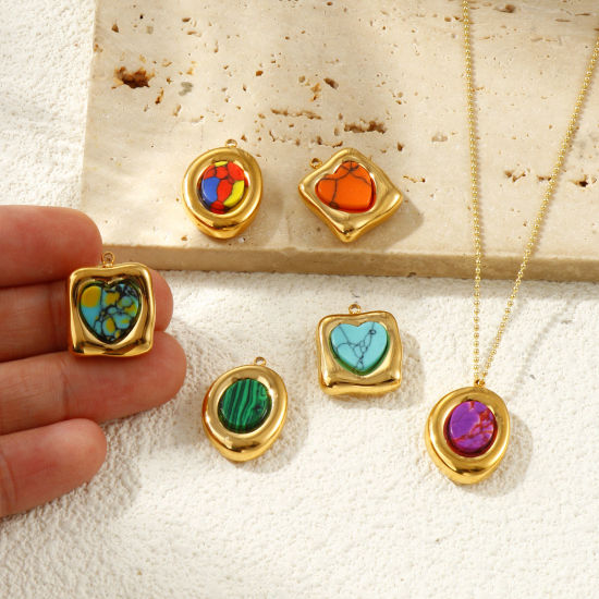 Picture of Eco-friendly PVD Vacuum Plating Waterproof Anti-Tarnish Hypoallergenic 304 Stainless Steel Charms 18K Real Gold Plated With Synthetic Gemstone Cabochons