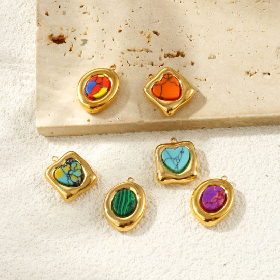 Picture of Eco-friendly PVD Vacuum Plating Waterproof Anti-Tarnish Hypoallergenic 304 Stainless Steel Charms 18K Real Gold Plated With Synthetic Gemstone Cabochons