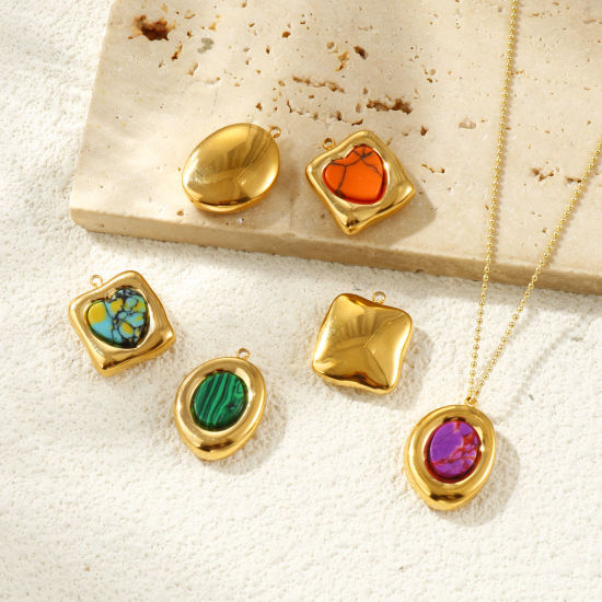 Picture of Eco-friendly PVD Vacuum Plating Waterproof Anti-Tarnish Hypoallergenic 304 Stainless Steel Charms 18K Real Gold Plated With Synthetic Gemstone Cabochons