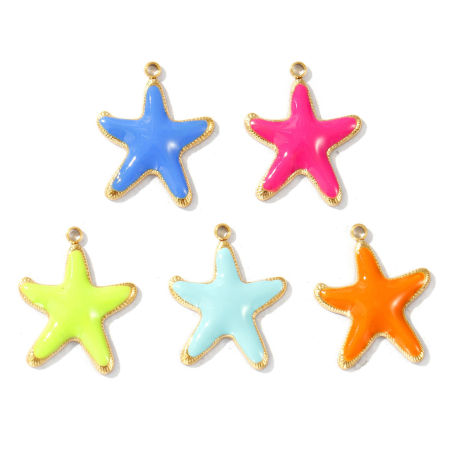 Bild von Umweltfreundliche PVD-Vakuumbeschichtung, wasserdicht, anlaufgeschützt und hypoallergen 304 Edelstahl Ozean Schmuck Charms 18K Echtgold plattiert Emaille Seesterne 20mm x 16mm