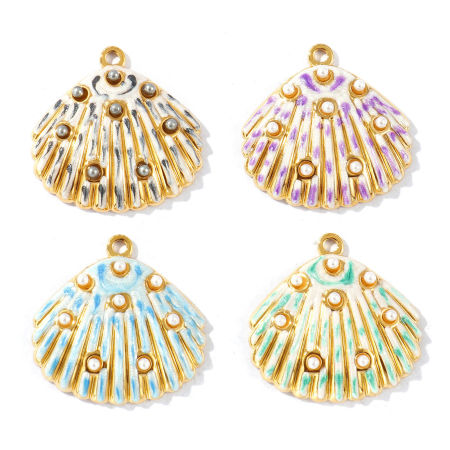 Immagine di 2 Pz Placcatura Sottovuoto PVD Ecologica Impermeabile Anti-Ossidante Ipoallergenico 304 Acciaio Inossidabile Gioielli Oceanici Ciondoli Pendenti 18K Vero Oro Placcato Smalto Conchiglia Perla Imitato Acrilico 3cm x 3cm