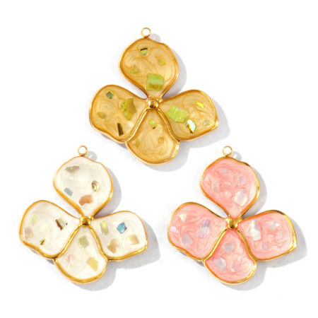 Immagine di 2 Pz Placcatura Sottovuoto PVD Ecologica Impermeabile Anti-Ossidante Ipoallergenico 304 Acciaio Inossidabile & Conchiglie Naturali Ciondoli Pendenti 18K Vero Oro Placcato Smalto Fiore Madreperla 3.2cm x 3cm