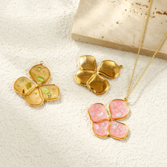 Picture of Eco-friendly PVD Vacuum Plating Waterproof Anti-Tarnish Hypoallergenic 304 Stainless Steel & Natural Shell Pendants 18K Real Gold Plated Enamel Flower Pearlized 3.2cm x 3cm