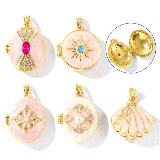 Image de 2 Pcs Pendentif Porte-Photo en Laiton & Strass Plaqué Or 18K Émail Pouvoir Ouvrir