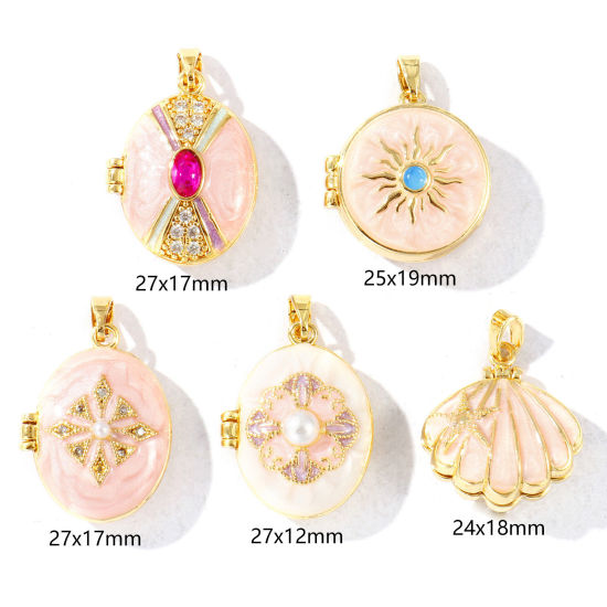 Image de 2 Pcs Pendentif Porte-Photo en Laiton & Strass Plaqué Or 18K Émail Pouvoir Ouvrir