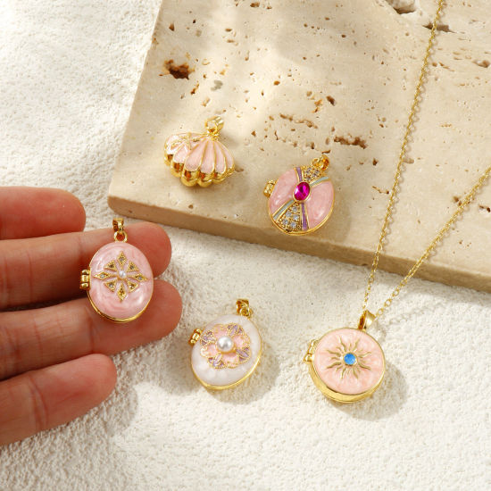 Image de 2 Pcs Pendentif Porte-Photo en Laiton & Strass Plaqué Or 18K Émail Pouvoir Ouvrir