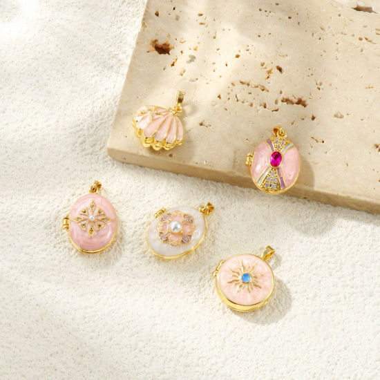 Image de 2 Pcs Pendentif Porte-Photo en Laiton & Strass Plaqué Or 18K Émail Pouvoir Ouvrir