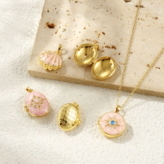 Image de 2 Pcs Pendentif Porte-Photo en Laiton & Strass Plaqué Or 18K Émail Pouvoir Ouvrir