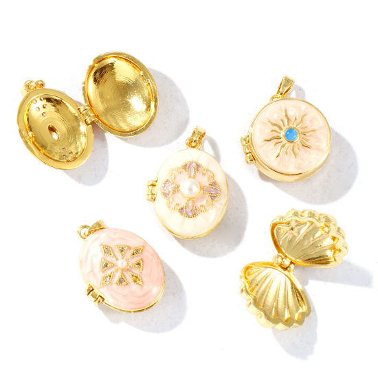 Image de 2 Pcs Pendentif Porte-Photo en Laiton & Strass Plaqué Or 18K Émail Pouvoir Ouvrir