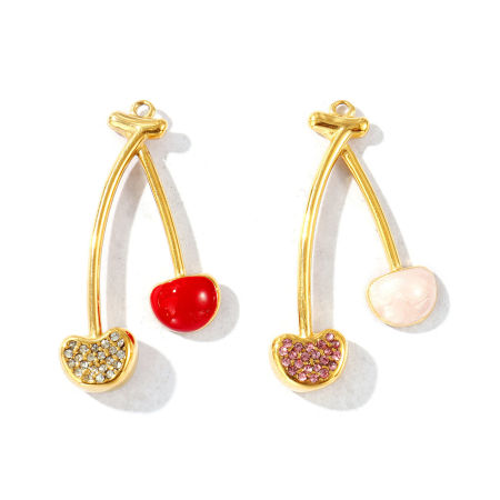 Bild von Umweltfreundliche PVD-Vakuumbeschichtung, wasserdicht, anlaufgeschützt und hypoallergen 304 Edelstahl & Strass Anhänger 18K Echtgold plattiert Emaille Kirsche 3.9cm x 2.2cm