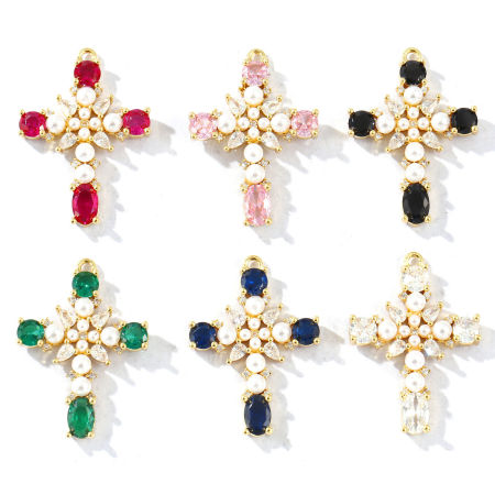 Immagine di 1 Pz Ottone Religione Ciondoli Placcato Oro 18K Croce Perla Imitato Acrilico Multicolore Strass 27mm x 19mm