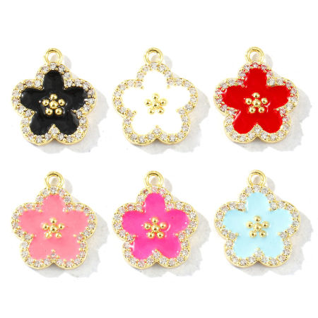 Picture of Brass Charms 18K Gold Plated Multicolor Enamel Flower Micro Pave Clear Cubic Zirconia 16mm x 14mm