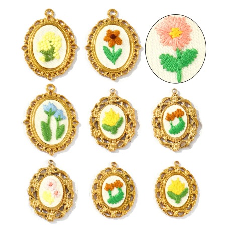 Picture of Eco-friendly PVD Anti-Tarnish Hypoallergenic 304 Stainless Steel Charms Wholesale 18K Real Gold Plated Multicolor Oval Flower Handmade Embroidered
