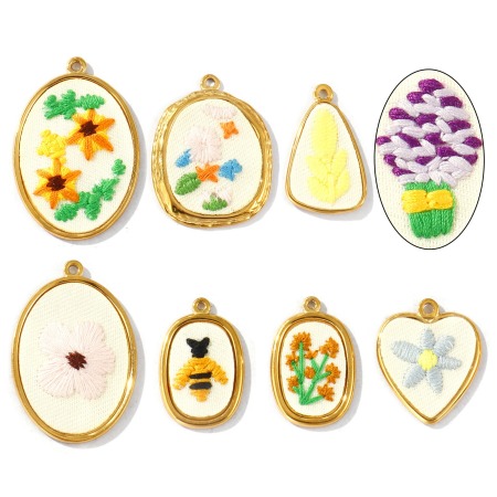Picture of Eco-friendly PVD Anti-Tarnish Hypoallergenic 304 Stainless Steel Charms Wholesale 18K Real Gold Plated Multicolor Geometric Flower Handmade Embroidered