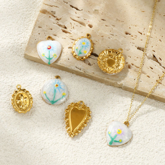 Picture of 2 PCs Eco-friendly PVD Vacuum Plating Waterproof Anti-Tarnish Hypoallergenic 304 Stainless Steel Charms 18K Real Gold Plated Multicolor Enamel Sunflower Pearlized