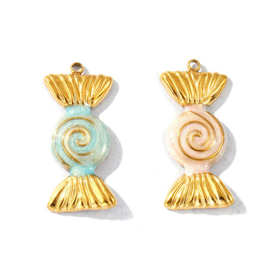 2 個 エコフレンドリー PVD真空メッキ 防水 耐変色性の 低アレルギー性の 304ステンレス鋼 ペンダント 18Kリアルゴールドメッキ エナメル キャンディ 光沢ある 3.2cm x 1.5cm、 の画像