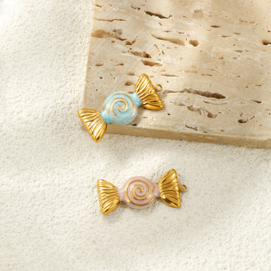 2 個 エコフレンドリー PVD真空メッキ 防水 耐変色性の 低アレルギー性の 304ステンレス鋼 ペンダント 18Kリアルゴールドメッキ エナメル キャンディ 光沢ある 3.2cm x 1.5cm、 の画像