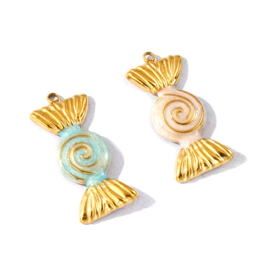 2 個 エコフレンドリー PVD真空メッキ 防水 耐変色性の 低アレルギー性の 304ステンレス鋼 ペンダント 18Kリアルゴールドメッキ エナメル キャンディ 光沢ある 3.2cm x 1.5cm、 の画像