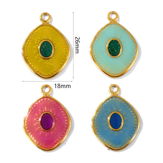 Picture of 2 PCs Eco-friendly PVD Vacuum Plating Waterproof Anti-Tarnish Hypoallergenic 304 Stainless Steel Charms 18K Real Gold Plated Enamel Rhombus 26mm x 18mm