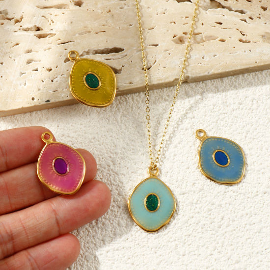 Picture of 2 PCs Eco-friendly PVD Vacuum Plating Waterproof Anti-Tarnish Hypoallergenic 304 Stainless Steel Charms 18K Real Gold Plated Enamel Rhombus 26mm x 18mm