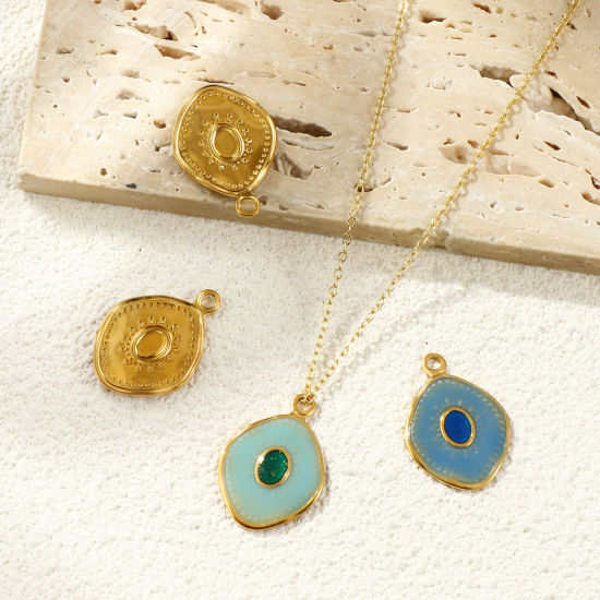 Picture of 2 PCs Eco-friendly PVD Vacuum Plating Waterproof Anti-Tarnish Hypoallergenic 304 Stainless Steel Charms 18K Real Gold Plated Enamel Rhombus 26mm x 18mm