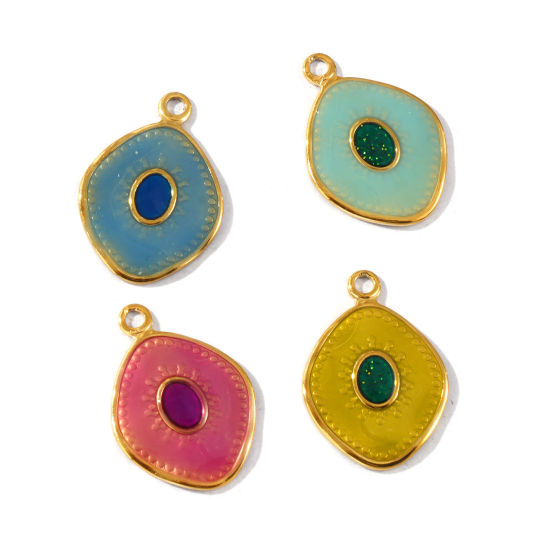Picture of 2 PCs Eco-friendly PVD Vacuum Plating Waterproof Anti-Tarnish Hypoallergenic 304 Stainless Steel Charms 18K Real Gold Plated Enamel Rhombus 26mm x 18mm