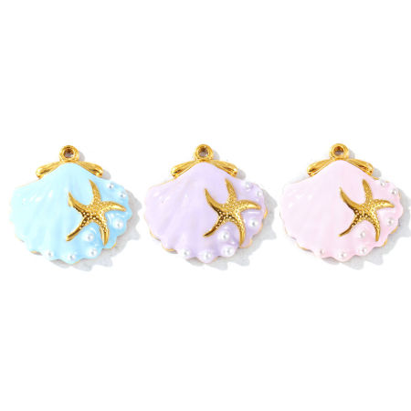 Immagine di 2 Pz PVD Ecologica Impermeabile Anti-Ossidante Ipoallergenico 304 Acciaio Inossidabile Gioielli Oceanici Ciondoli All'Ingrosso 18K Vero Oro Placcato Multicolore Smalto Conchiglia Perla Imitato Acrilico 21mm x 20mm