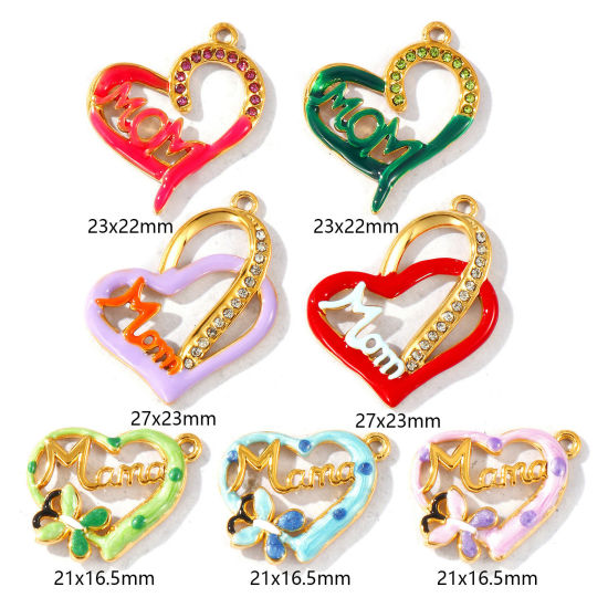 Picture of Eco-friendly PVD Waterproof Anti-Tarnish Hypoallergenic 304 Stainless Steel & Rhinestone Mother's Day Charms Wholesale 18K Real Gold Plated Multicolor Enamel Heart