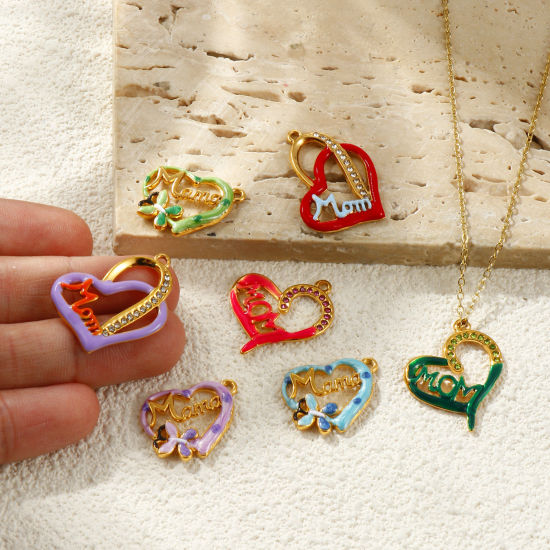 Picture of Eco-friendly PVD Waterproof Anti-Tarnish Hypoallergenic 304 Stainless Steel & Rhinestone Mother's Day Charms Wholesale 18K Real Gold Plated Multicolor Enamel Heart