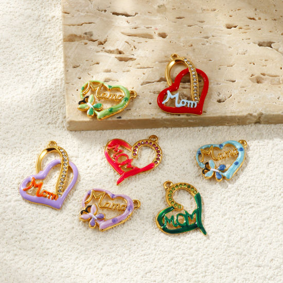 Picture of Eco-friendly PVD Waterproof Anti-Tarnish Hypoallergenic 304 Stainless Steel & Rhinestone Mother's Day Charms Wholesale 18K Real Gold Plated Multicolor Enamel Heart