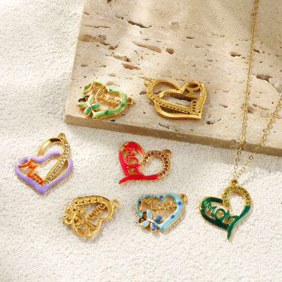 Picture of Eco-friendly PVD Waterproof Anti-Tarnish Hypoallergenic 304 Stainless Steel & Rhinestone Mother's Day Charms Wholesale 18K Real Gold Plated Multicolor Enamel Heart