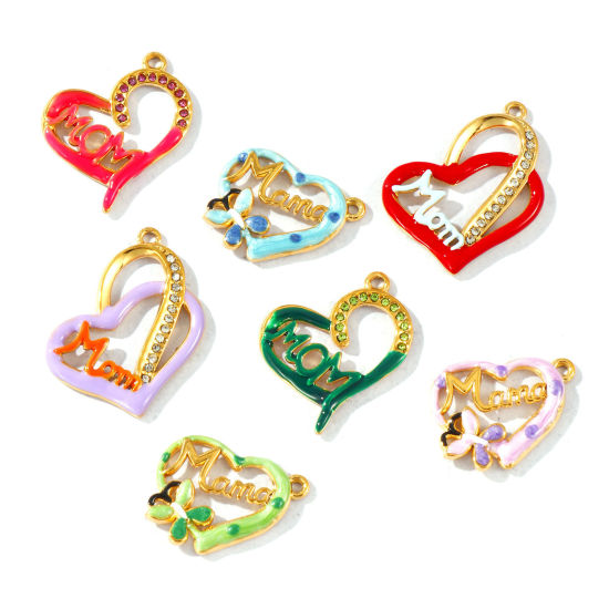 Picture of Eco-friendly PVD Waterproof Anti-Tarnish Hypoallergenic 304 Stainless Steel & Rhinestone Mother's Day Charms Wholesale 18K Real Gold Plated Multicolor Enamel Heart