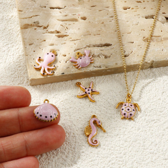 Image de 5 Pcs Breloques En Gros en 304 Acier Inoxydable PVD Écologique Imperméable Anti-Tarnissure Hypoallergénique Bijoux d'Océan Plaqué Or Véritable 18K Rose Émail Animal Marin Perlaire