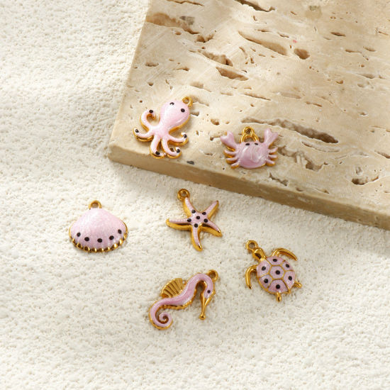 Image de 5 Pcs Breloques En Gros en 304 Acier Inoxydable PVD Écologique Imperméable Anti-Tarnissure Hypoallergénique Bijoux d'Océan Plaqué Or Véritable 18K Rose Émail Animal Marin Perlaire