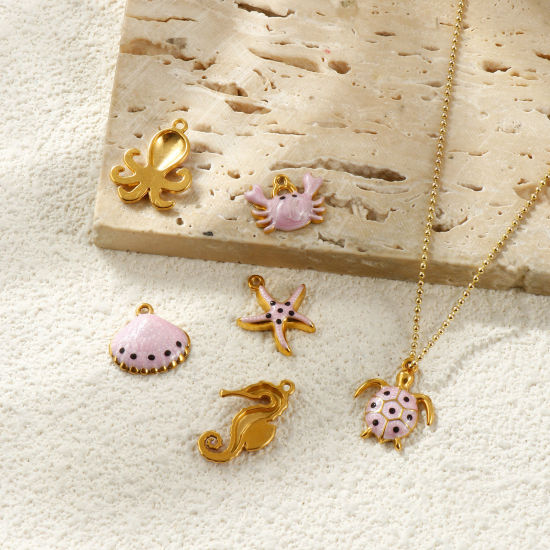 Image de 5 Pcs Breloques En Gros en 304 Acier Inoxydable PVD Écologique Imperméable Anti-Tarnissure Hypoallergénique Bijoux d'Océan Plaqué Or Véritable 18K Rose Émail Animal Marin Perlaire