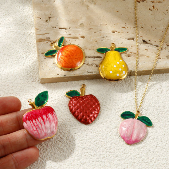 Picture of Eco-friendly PVD Waterproof Anti-Tarnish Hypoallergenic 304 Stainless Steel Charms Wholesale 18K Real Gold Plated Multicolor Enamel Fruit