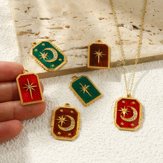 Picture of Eco-friendly PVD Waterproof Anti-Tarnish Hypoallergenic 304 Stainless Steel Galaxy Charms Wholesale 18K Real Gold Plated Enamel Geometric Clear Rhinestone