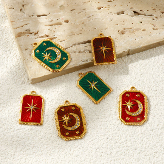 Picture of Eco-friendly PVD Waterproof Anti-Tarnish Hypoallergenic 304 Stainless Steel Galaxy Charms Wholesale 18K Real Gold Plated Enamel Geometric Clear Rhinestone