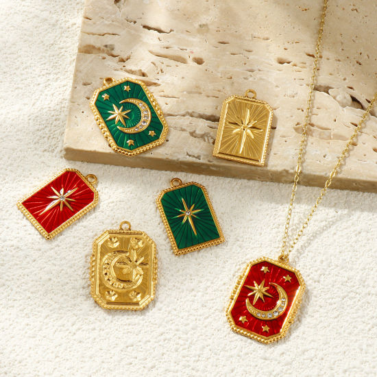 Picture of Eco-friendly PVD Waterproof Anti-Tarnish Hypoallergenic 304 Stainless Steel Galaxy Charms Wholesale 18K Real Gold Plated Enamel Geometric Clear Rhinestone