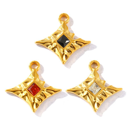Immagine di 2 Pz PVD Ecologica Impermeabile Anti-Ossidante Ipoallergenico 304 Acciaio Inossidabile & Strass Ciondoli All'Ingrosso 18K Vero Oro Placcato Rombo Multicolore Strass 25mm x 23mm