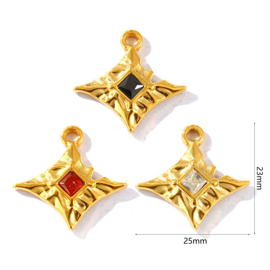Picture of Eco-friendly PVD Waterproof Anti-Tarnish Hypoallergenic 304 Stainless Steel & Rhinestone Charms Wholesale 18K Real Gold Plated Rhombus Multicolor Rhinestone 25mm x 23mm