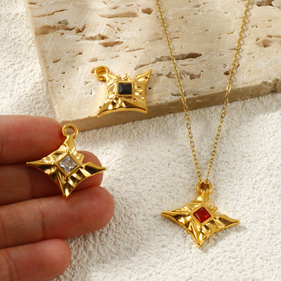 Picture of Eco-friendly PVD Waterproof Anti-Tarnish Hypoallergenic 304 Stainless Steel & Rhinestone Charms Wholesale 18K Real Gold Plated Rhombus Multicolor Rhinestone 25mm x 23mm