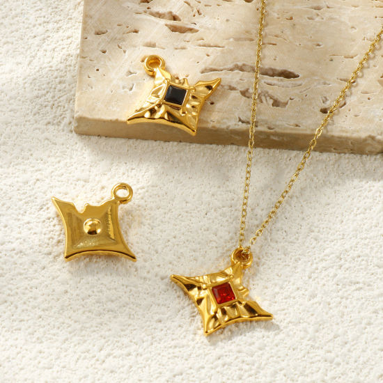 Picture of Eco-friendly PVD Waterproof Anti-Tarnish Hypoallergenic 304 Stainless Steel & Rhinestone Charms Wholesale 18K Real Gold Plated Rhombus Multicolor Rhinestone 25mm x 23mm