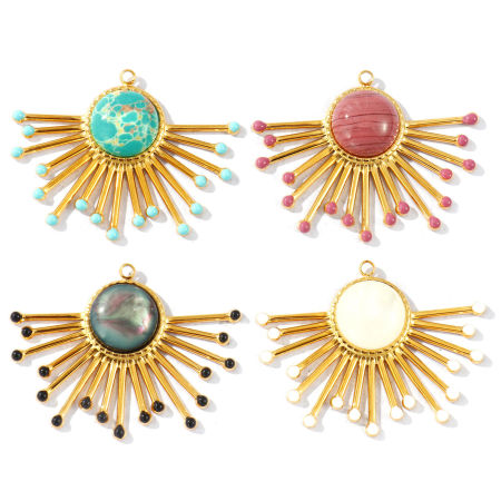Bild von Umweltfreundliche PVD, wasserdicht, anlaufgeschützt und hypoallergen 304 Edelstahl Anhänger Großhandel 18K Echtgold plattiert Emaille Fächer-Form Mit synthetischen Edelstein Cabochons 4cm x 3.1cm
