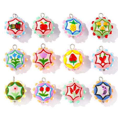 Picture of Eco-friendly 304 Stainless Steel & Resin Charms Wholesale Silver Tone Multicolor Enamel Flower 22mm x 19mm
