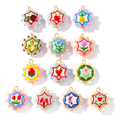 Picture of Eco-friendly PVD Waterproof Anti-Tarnish Hypoallergenic 304 Stainless Steel & Resin Charms Wholesale 18K Real Gold Plated Multicolor Enamel Flower 22mm x 19mm