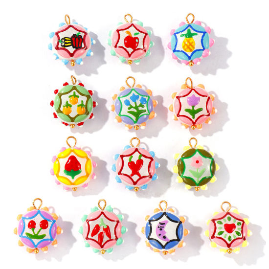 2 個 エコフレンドリー PVD 防水 耐変色性の 低アレルギー性の 304ステンレス鋼＋樹脂 チャーム 卸売り 18Kリアルゴールドメッキ 多色 エナメル フラワー 22mm x 19mm、 の画像